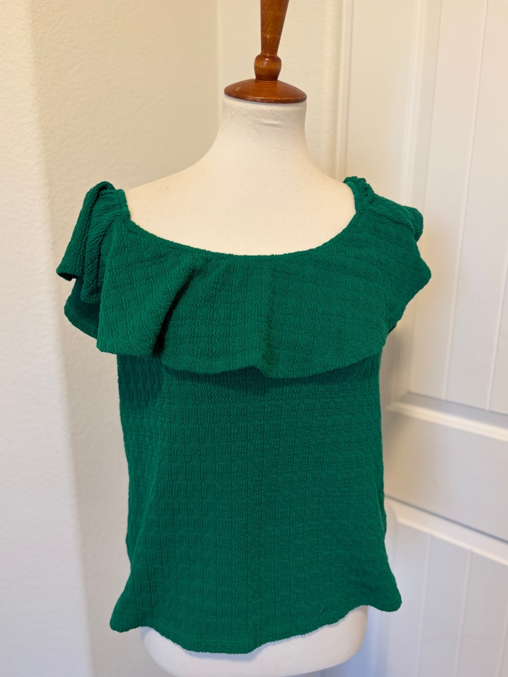 Anthropologie Emerald Green Ruffle-Off Shoulder Camisole